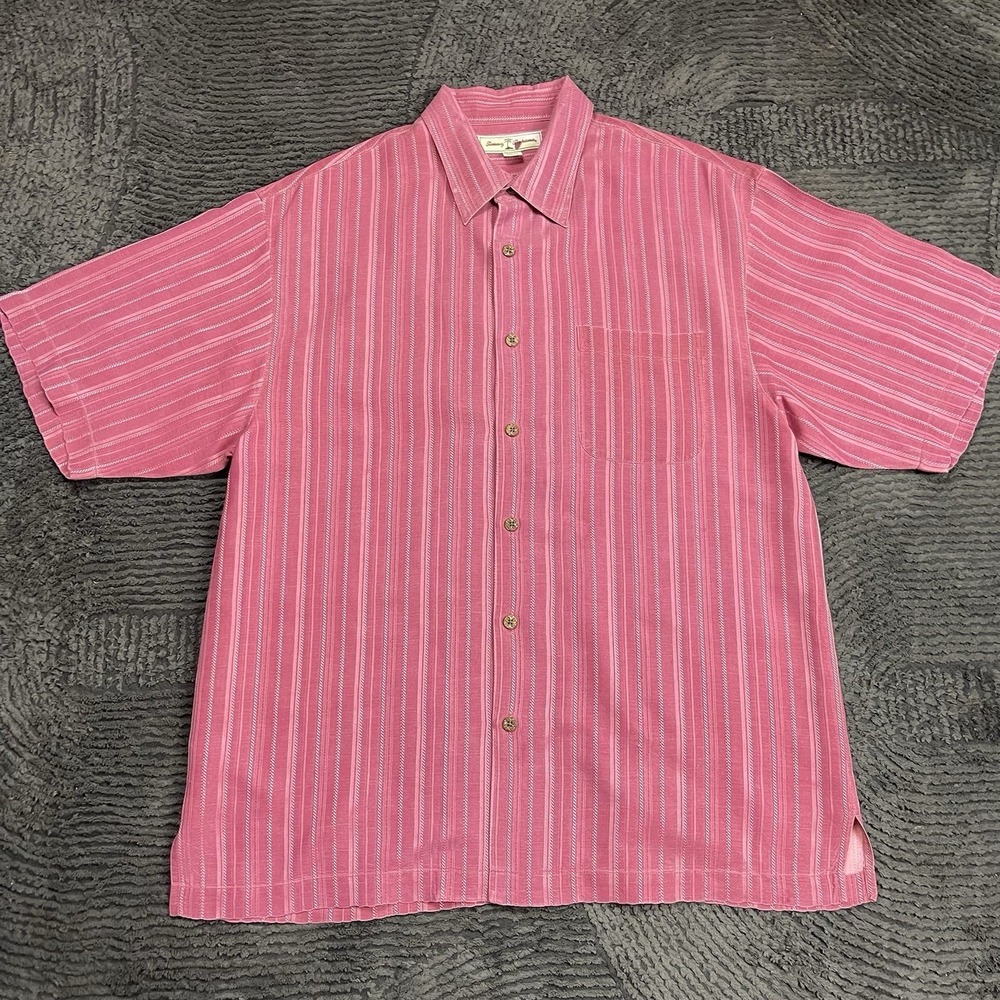 Tommy Bahama Men's Large Button Up Silk Shirt Pink Striped Short‎ Sleeve - Picture 2 of 5